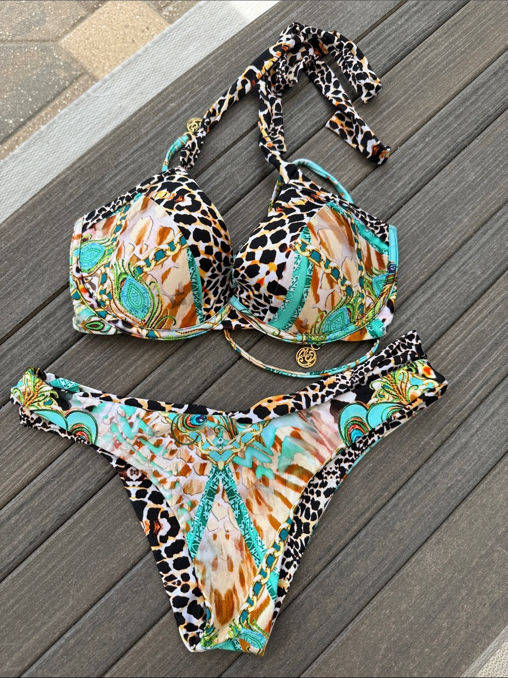 Luli Fama Turquoise, Black & Tan Printed Bikini Set